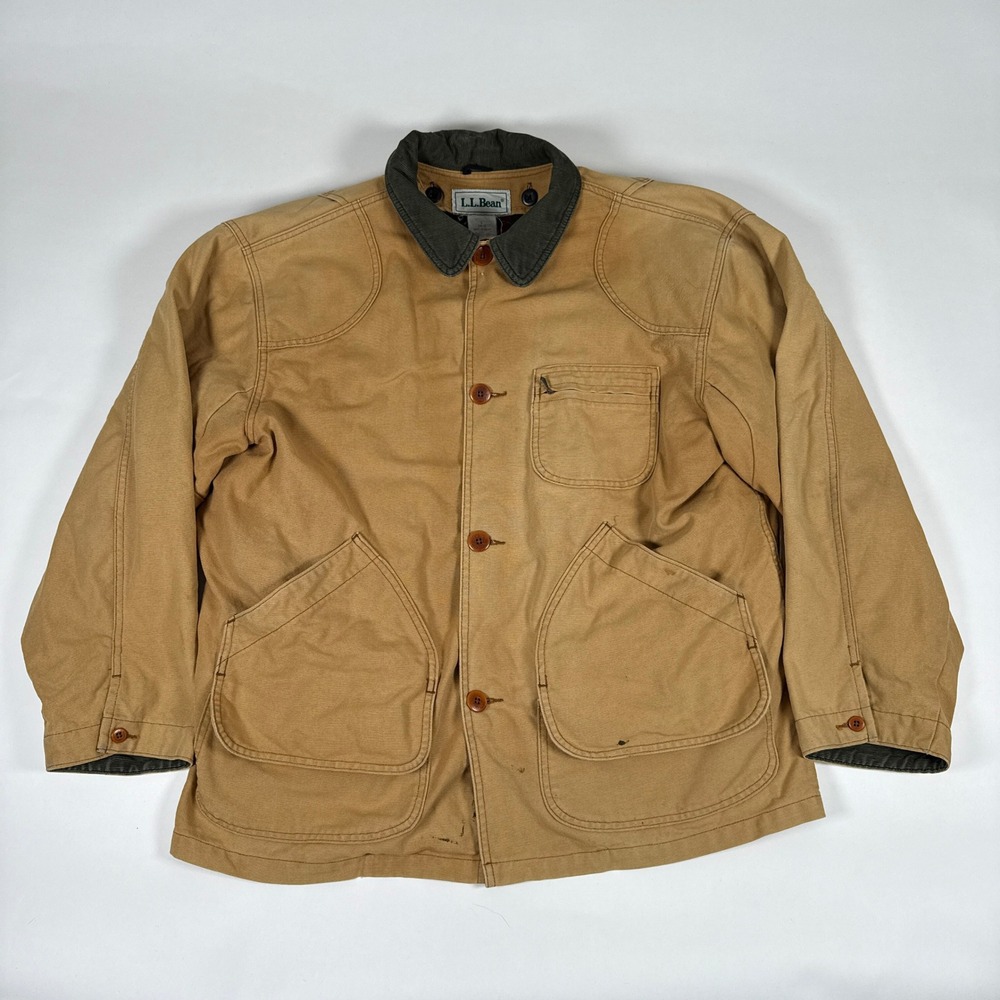 LL Bean Field Coat Mens Large Tan Plaid Lined Canvas Barn Jacket Hunting Utility